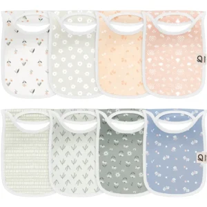 Featured patterns include orange flowers, white daisies on sage, peach sprigs, terracotta buds, mint vertical lines, olive leaves, scattered grey daisies, and blue butterflies. Purely handcrafted 100% cotton ensures these bibs for baby remain highly absorbent and breathable. All OEM, ODM, and Customized manufacturing is guaranteed to pass GOTS and OEKO-TEX safety tests.
