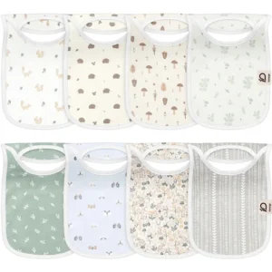 Items feature White Squirrel, Tan Hedgehog, Mushroom Forest, Mint Herb, Green Leafy Vine, Light Blue Butterfly, Beige Meadow, and Grey Tribal Stripe. Purely handcrafted 100% cotton ensures a highly absorbent sleep and feeding solution. OEM, ODM, and Customized services are guaranteed to pass GOTS and OEKO-TEX.