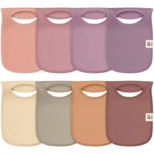 The 8-pack contains Rosewood, Old Rose, Mauve, Dark Orchid, Flax, Greige, Peach-Tan, and Maroon. Highly absorbent 100% cotton best baby bibs are purely handcrafted for softness and skin protection. We provide OEM, ODM, and Customized services guaranteed to pass GOTS and OEKO-TEX.