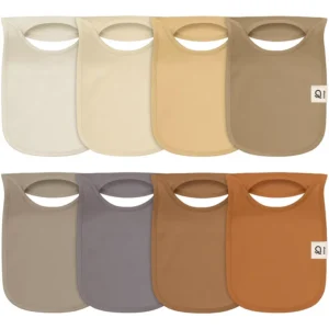 Colors provided are Pearl, Bone, Caramel, Warm Grey, Bark, Denim Blue, Chocolate, and Toffee. Purely handcrafted 100% cotton bibs for baby emphasize high absorbency and breathable softness. Professional OEM, ODM, and Customized manufacturing is guaranteed to pass GOTS and OEKO-TEX.