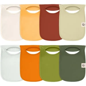 This set consists of Cream, Apricot, Rust, Celery, Powder Blue, Burnt Orange, Lime, and Deep Olive. Purely handcrafted 100% cotton best baby bibs prioritize moisture-wicking and skin comfort. We offer OEM, ODM, and Customized B2B support, guaranteed to pass GOTS and OEKO-TEX.