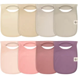 Colors include Ivory, Sand, Light Khaki, Stone, Soft Blush, Coral Pink, Clay, and Dusty Plum. These purely handcrafted 100% cotton bibs for baby offer high absorbency and soft skin protection. OEM, ODM, and Customized services are provided, with production guaranteed to pass GOTS and OEKO-TEX.