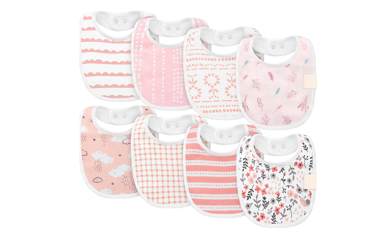 The Meadow Collection Drool Bibs feature a high-absorbency 100% organic cotton construction for infant moisture management. As functional bibs for baby, they include an adjustable dual-snap closure, and we guarantee they can pass 2026 OEKO-TEX & GOTS certifications. Direct OEM, ODM, and customized services are available.