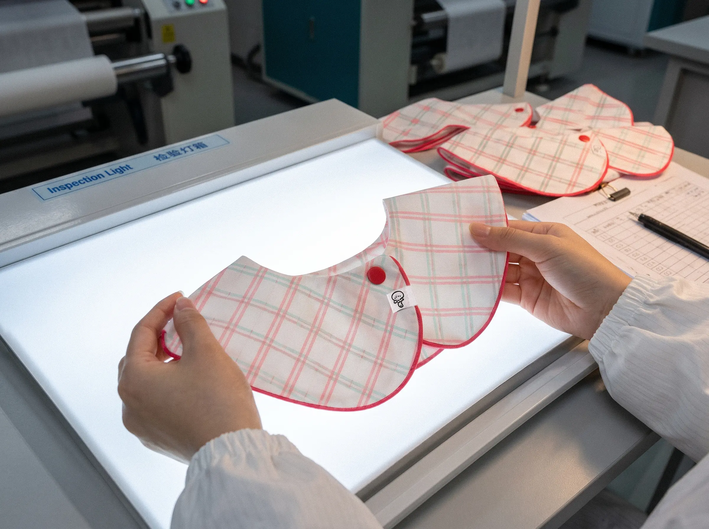 Our specialized Quality Inspection & Packaging workflow utilizes high-intensity inspection lightboxes. Our inspectors examine our plaid baby bib to eliminate minor fabric weave defects.