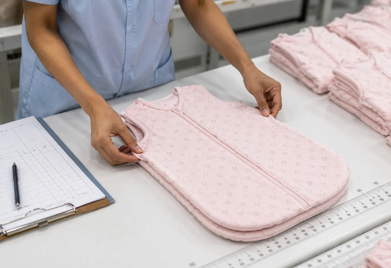 Our standard Quality Inspection & Packaging operation includes symmetric manual folding. Our team aligns our quilted pink sleep sack along integrated measuring tracks before sealing.