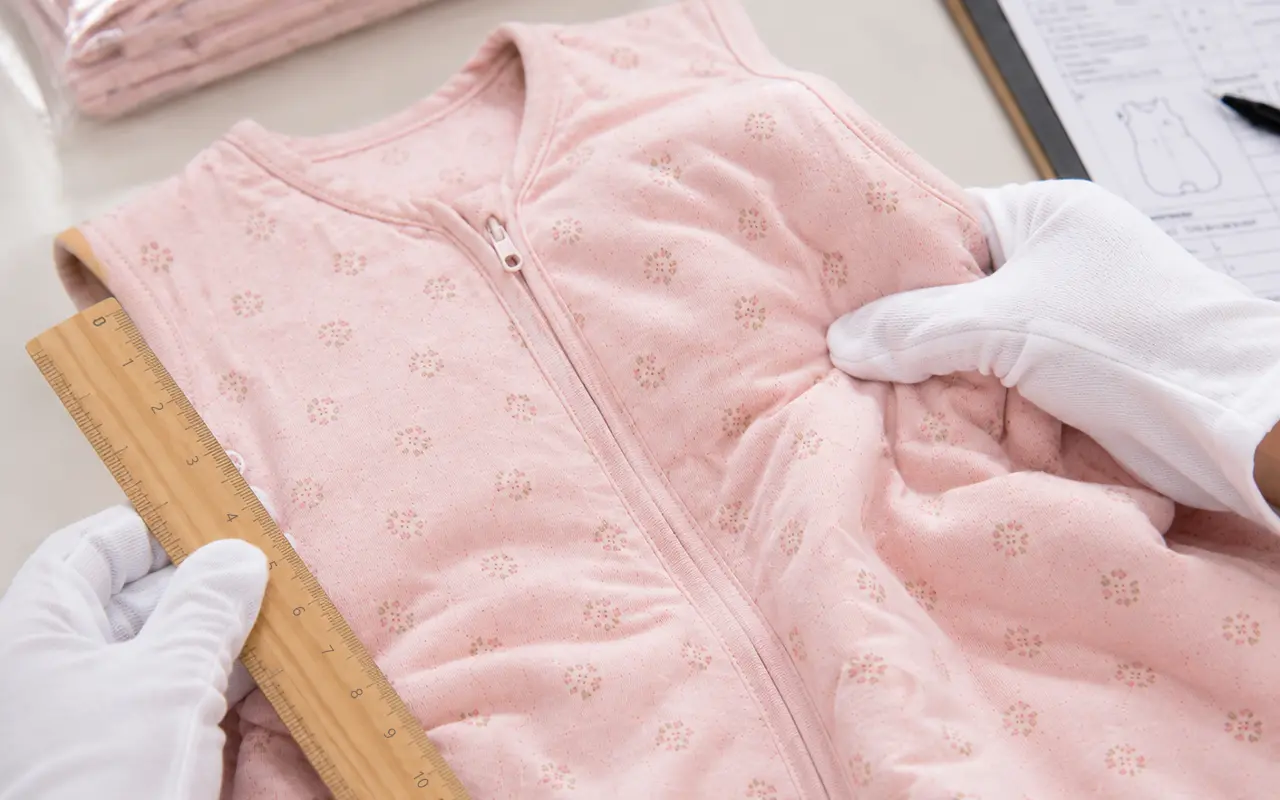 Our comprehensive Quality Inspection & Packaging protocol requires precise manual measurement. Our trained quality inspectors verify that our pink sleep sack complies with international sizing specs.