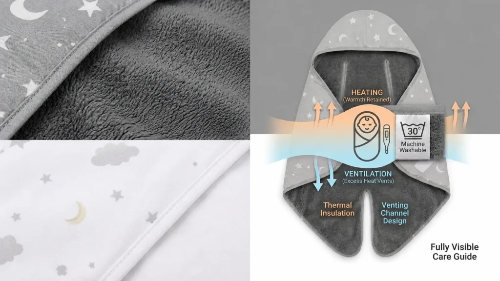 Our dual-sided textile design combines an ultra-soft gray plush lining with a smooth printed cotton facing. Our integrated venting channels balance optimal thermal insulation with active excess heat dissipation.