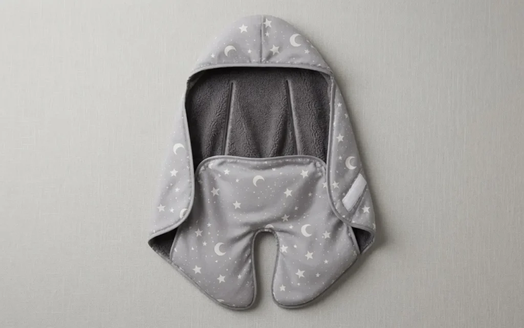 Our studio product photography showcases the Gray Starry Moon travel swaddle lying flat, highlighting the precise alignment of the dual safety belt slots and the secure hook-and-loop closure system.