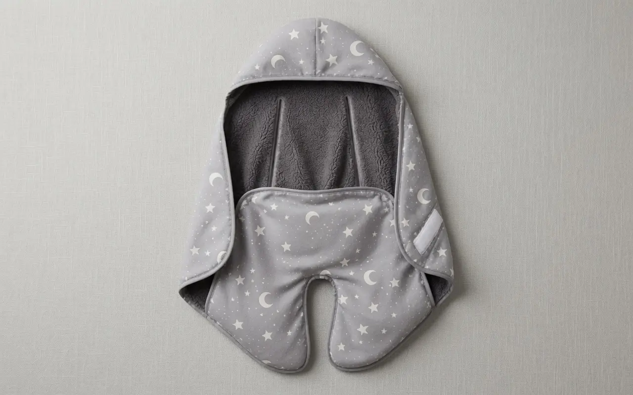 Our studio product photography showcases the Gray Starry Moon travel swaddle lying flat, highlighting the precise alignment of the dual safety belt slots and the secure hook-and-loop closure system.