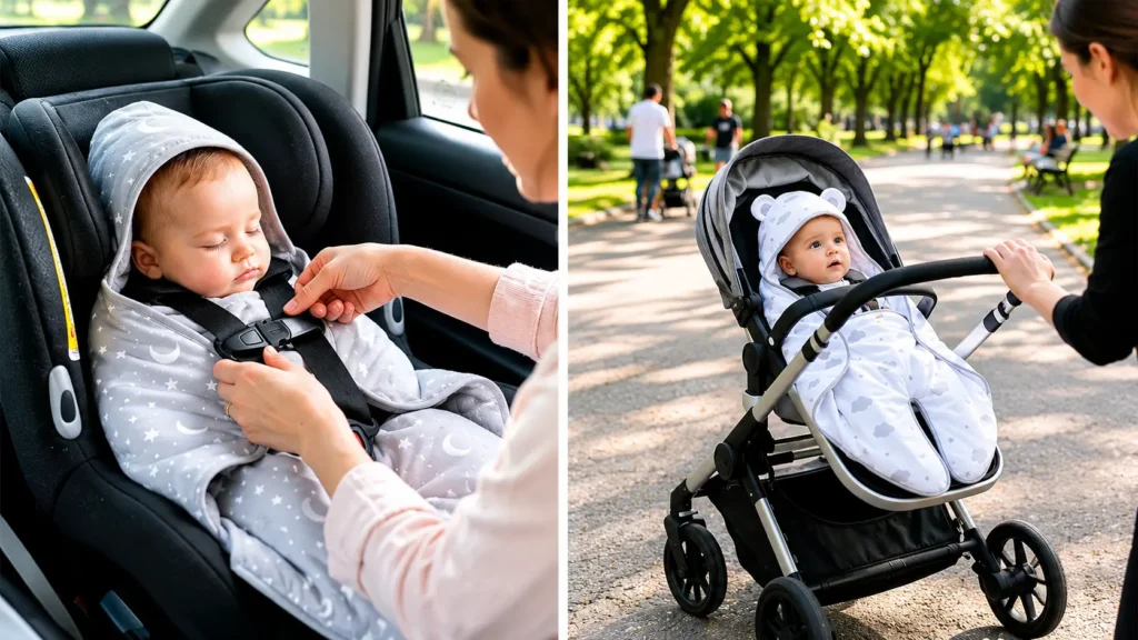 Our lifestyle split-screen captures an infant resting securely inside a car seat using the integrated harness slots, and sitting upright in a moving stroller during outdoor travel.