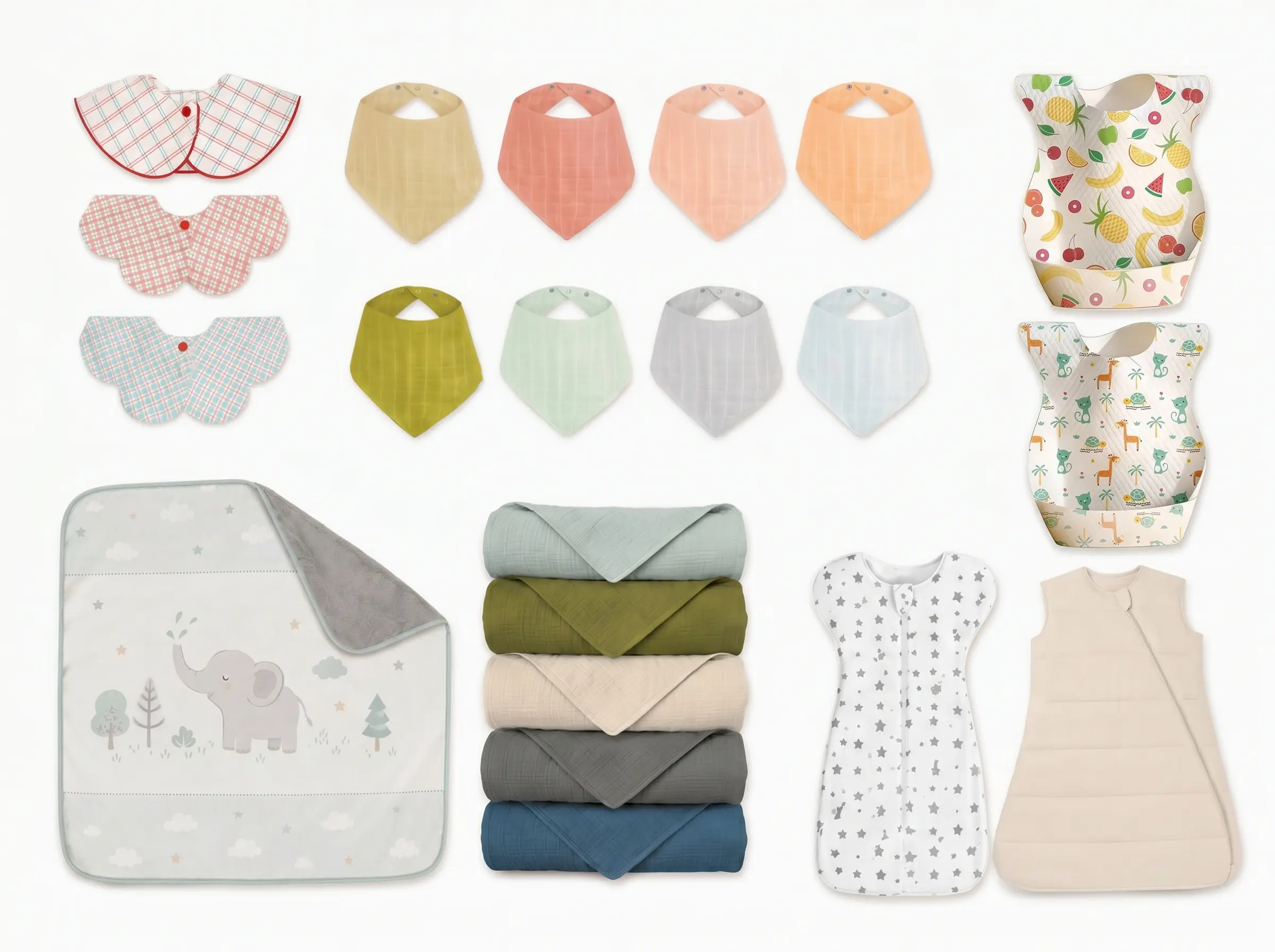 Our comprehensive Style Selection matrix highlights a wide array of specialized baby necessities. Our blankets, multi-style bibs, and sleep sacks are cataloged to streamline bulk ordering processes.