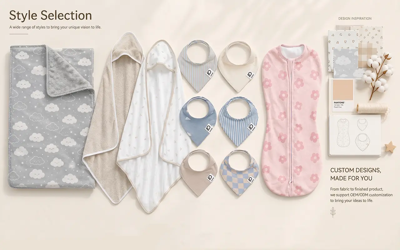 Our Style Selection page presents a premium coordinated nursery ecosystem. Our product lineup includes infant blankets, hooded towels, bibs, and swaddles engineered to fulfill diverse retail branding needs.