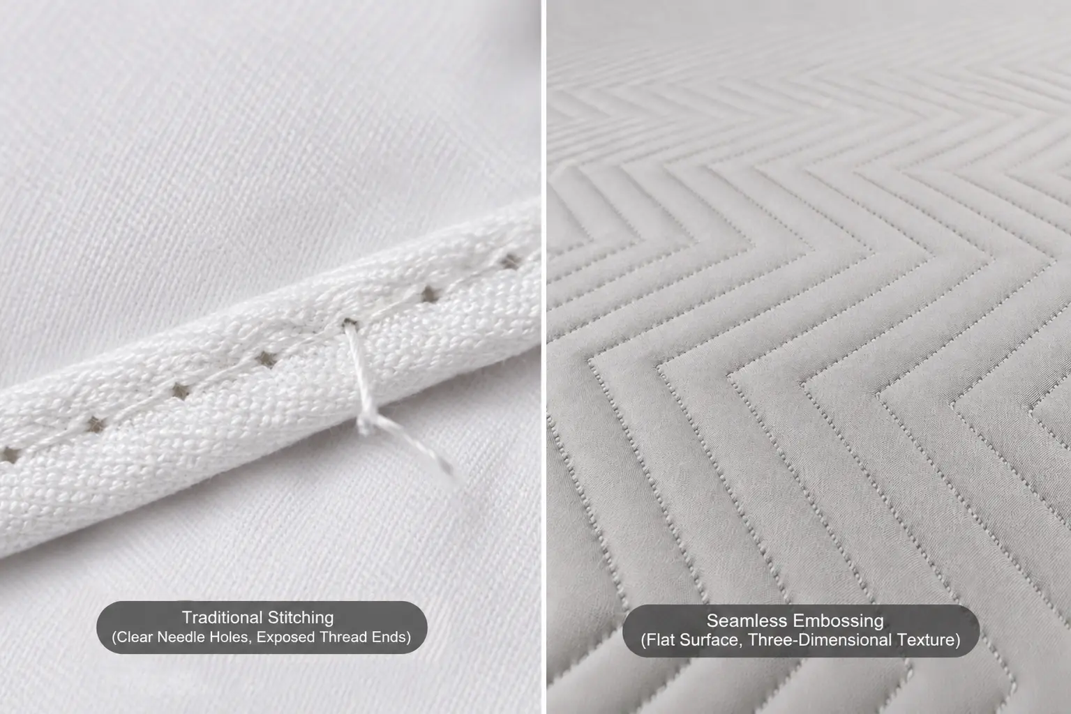 Our Seamless Quality engineering eliminates traditional structural flaws. Our advanced embossing technique prevents exposed thread ends and clear needle holes, delivering perfectly smooth fabric surfaces for premium collections.
