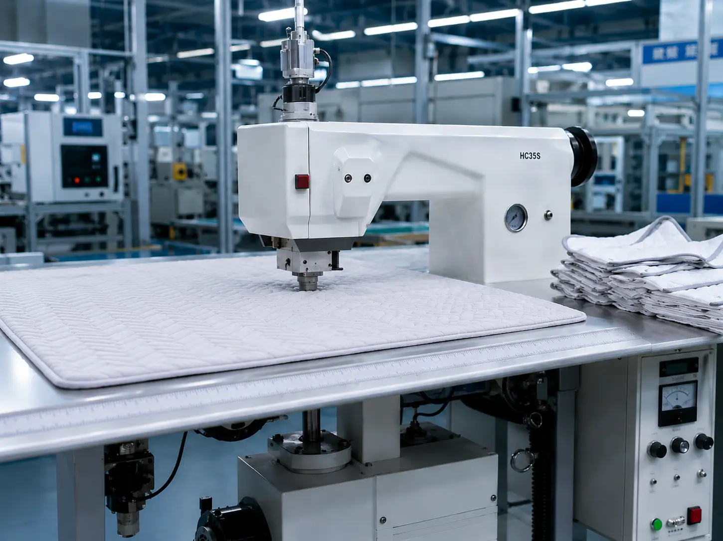 Our specialized manufacturing setup features the industrial ultrasonic quilting system. Our machinery seals complex geometric textile patterns rapidly without using physical spools or needles.