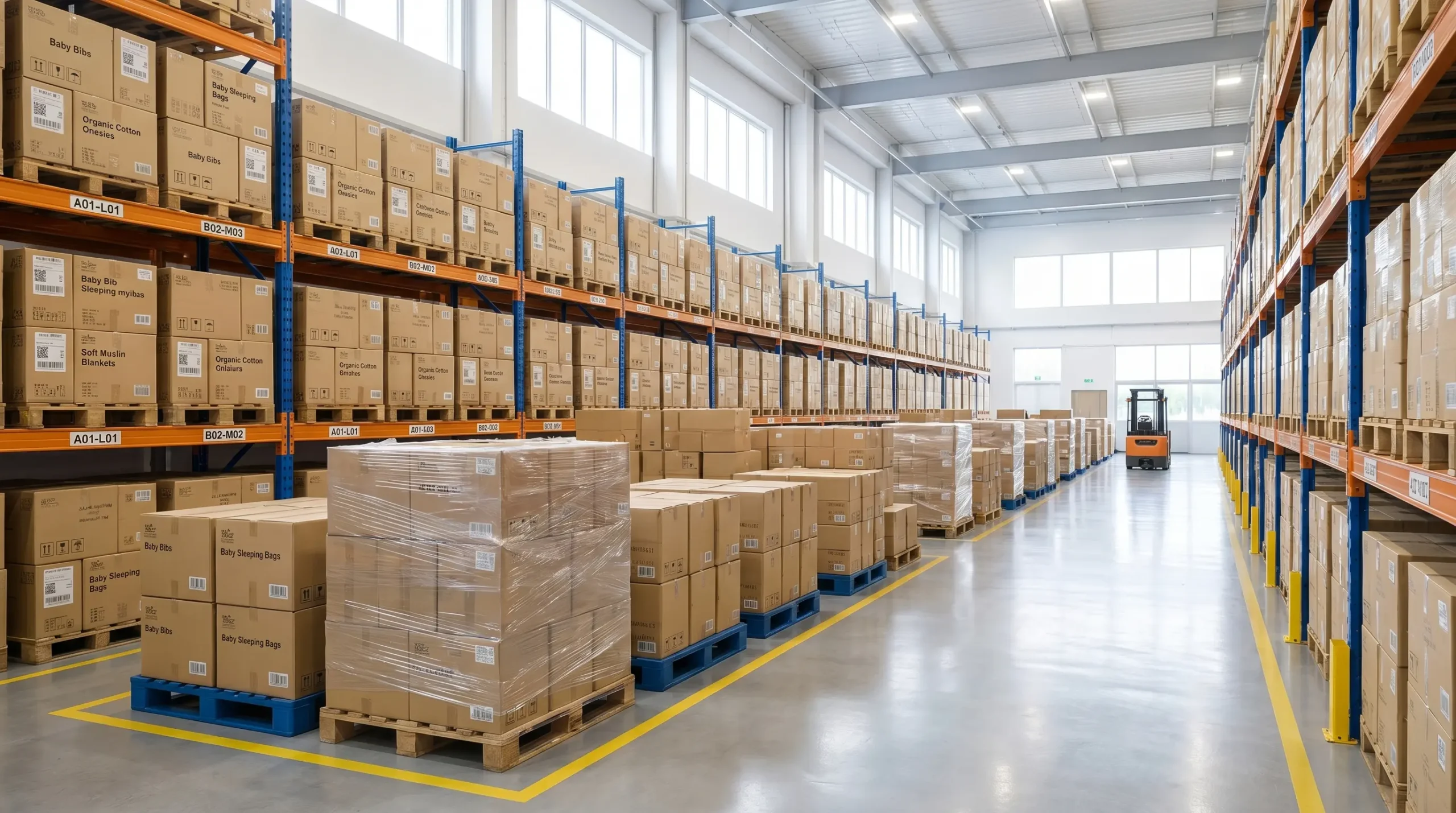 Our integrated Warehouse Packing & Shipping facility features high-density pallet racking systems. Our organized layout optimizes bulk baby blanket inventory tracking and forklift retrieval speeds.