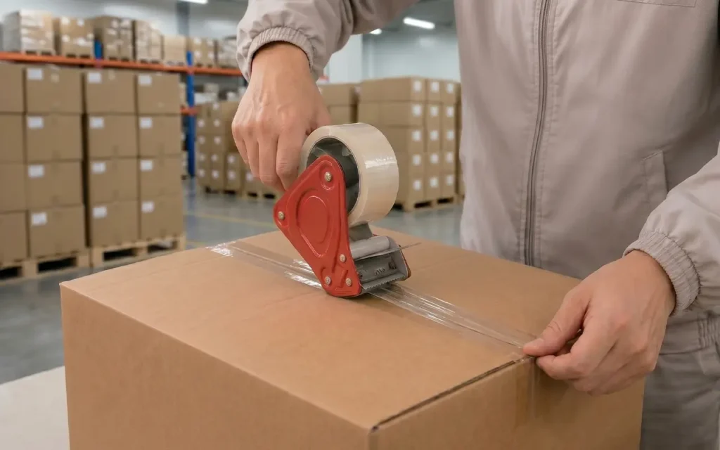Our Warehouse Packing & Shipping protocol ensures heavy-duty protection. Our shipping specialist utilizes premium adhesive dispensers to securely seal each thick corrugated export carton.