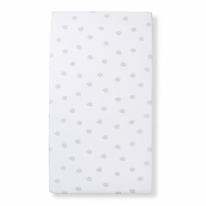 This vertical top-down view highlights the elegant, even distribution of the cloud jacquard motif. Completely non-toxic and hypoallergenic, it provides a highly breathable surface for premium infant bedding.
