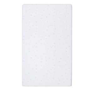 This vertical top-down view highlights the symmetrical distribution of the star and moon jacquard motif. Completely hypoallergenic and VOC-free, it is optimized for high-end nursery standards.