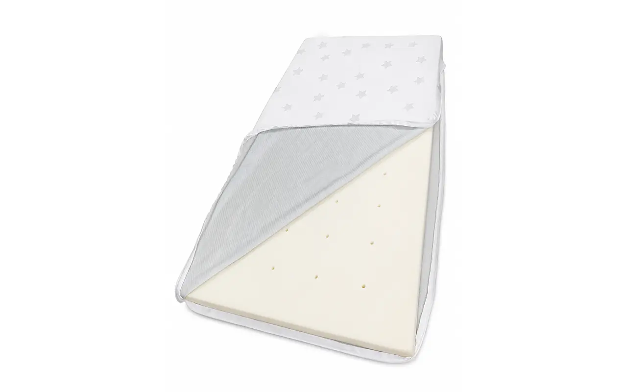 Our multi-layered assembly showcases a breathable star jacquard cover peeling back to reveal a specialized polyester hard fiber core. Our non-foam interior padding directly eliminates chemical off-gassing concerns.