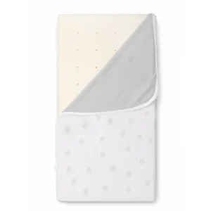Our split-view configuration highlights the clean contrast between the decorative textile facing and the structural fiber foundation. Our high-density fiber filling offers firm, optimal orthopedic alignment for growing infants.