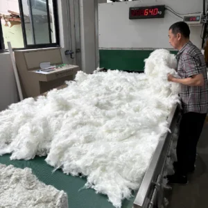 Raw Material Pre-processing Process includes initial fiber loosening operation preparing materials for mixing. Electronic weighing ensures precise quantity control. OEM/ODM manufacturing from professional Chinese B2B baby product factory for quality assurance.
