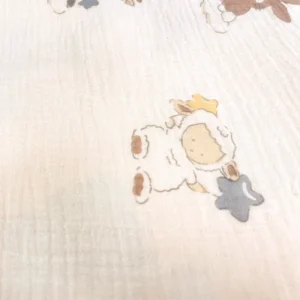 Close-up detail showcasing the adorable Forest Friends animal characters rendered in soft, engaging colors. Precise digital printing ensures clarity and color vibrancy. Our Chinese textile factory delivers OEM/ODM solutions for custom baby bibs designs.