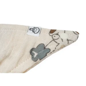 Brand label and snap closure detail reveal our premium craftsmanship in baby bibs manufacturing. High-quality construction ensures durability and security. Professional Chinese textile factory offering complete OEM/ODM customization solutions.