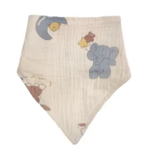 Three-dimensional presentation emphasizing the plush softness and cloud-like texture of our muslin baby bibs. Forest Friends characters appeal across the surface. Premium quality bibs for baby from professional Chinese textile factory.