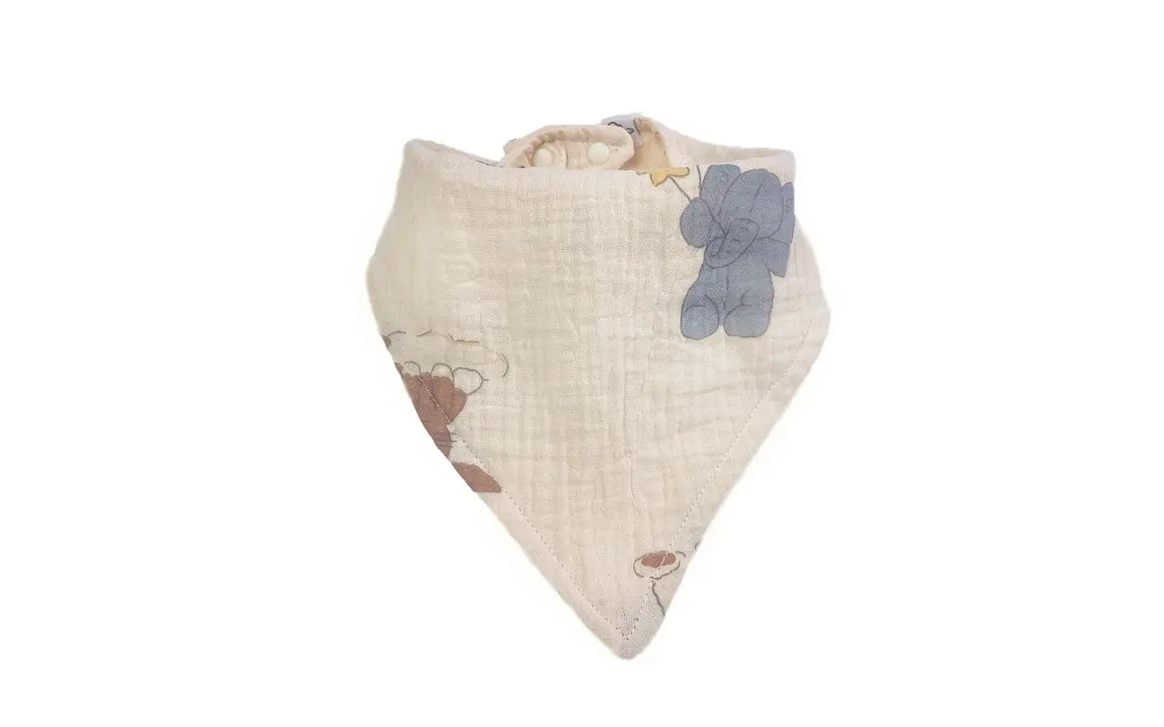 Premium 100% cotton muslin baby bibs featuring the charming Forest Friends design with adorable woodland animals. Soft, breathable muslin fabric with adjustable snaps. OEM/ODM customization available for global bibs for baby brands.