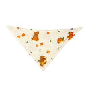 Overhead perspective revealing the triangular silhouette and balanced Harvest Joy character distribution across our baby bibs. Advanced printing technology ensures vibrant color retention. Professional OEM/ODM factory solutions available.
