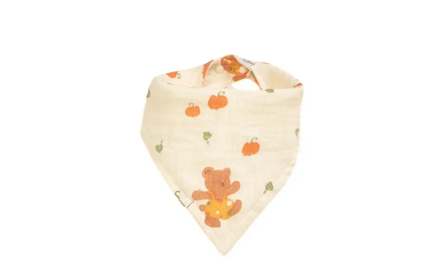 Premium 100% cotton muslin baby bibs featuring vibrant Harvest Joy autumn theme with pumpkins, bears, and trucks. Multi-wash processed for exceptional softness. OEM/ODM customization available for bibs for baby brands globally.