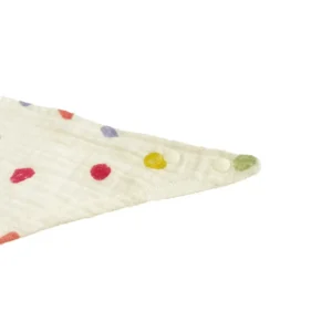 Close-up detail of polka dot baby bibs corner showcasing precise dot placement and premium muslin weave quality. Fine texture demonstrates superior craftsmanship. Professional OEM/ODM Chinese textile factory for bibs for baby.