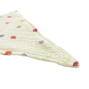 Angled presentation highlighting polka dot distribution and plush fabric texture of baby bibs. Demonstrates superior construction quality and soft feel. Professional OEM/ODM factory for custom bibs for baby design solutions.