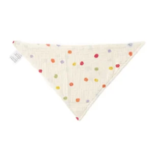 Overhead perspective revealing triangular silhouette and balanced polka dot distribution across baby bibs. Symmetrical design with brand label visible. OEM/ODM factory offering complete customization for bibs for baby production.