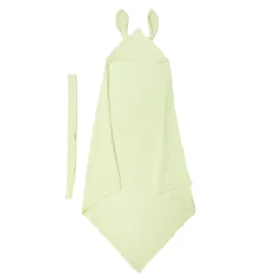 Wrapped baby hooded towel showcasing the functional bunny ear design and generous coverage. Soft muslin fabric provides warmth and comfort post-bath. OEM/ODM wholesale solutions from professional Chinese baby textile manufacturer for retailers.