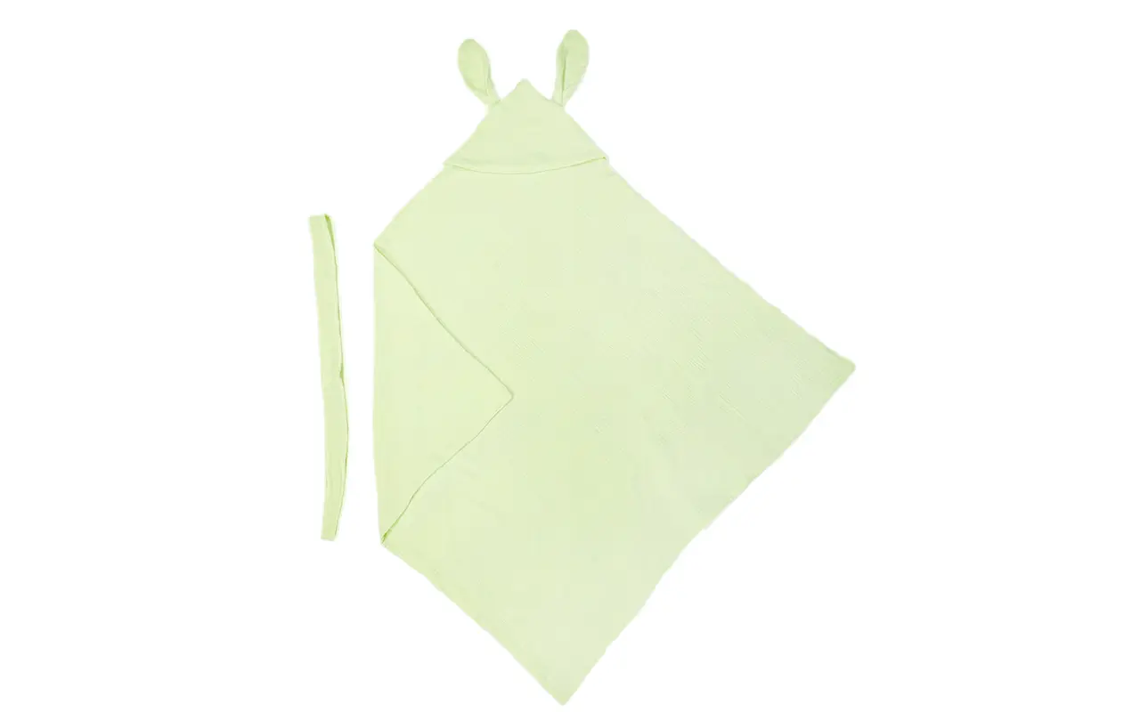 Premium 100% muslin cotton baby hooded towel featuring adorable bunny ear design in mint green. Ultra-soft fabric with convenient binding strap. Perfect for bath time and post-bath warmth. OEM/ODM customization available from Chinese textile factory.