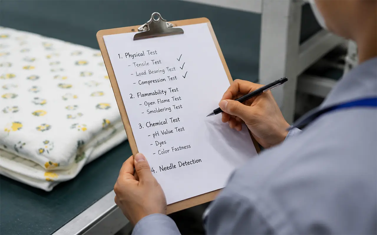 Baby product quality inspection checklist display listing four major test categories. Systematic quality inspection ensures product safety. We provide OEM customization supporting complete inspection procedures, quality standards, and inspection reports comprehensive services.