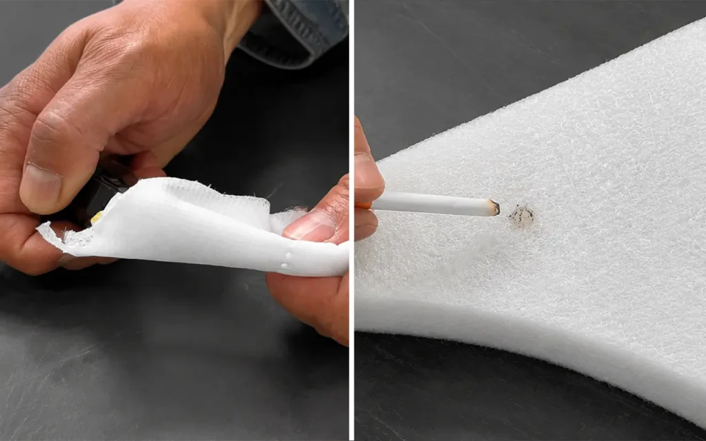 Baby product flammability testing display using lighter and cigarette for burn testing. Dual flame-resistance verification ensures product fire safety. We provide OEM customization supporting flammability testing, safety certification, and fire-resistance performance comprehensive customization services.