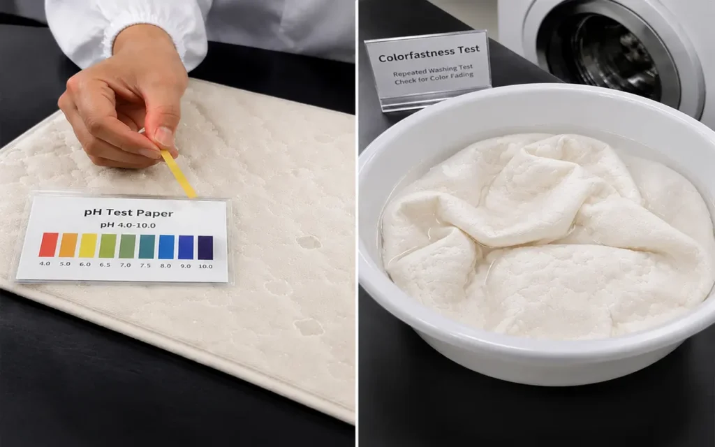 Baby product pH value and color fastness testing display. pH paper detects product acidity-alkalinity, washing testing verifies color fastness. We provide OEM customization supporting chemical property testing, wash-fastness testing, and quality certification comprehensive services.