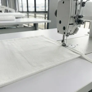 Our sewing station utilizes professional hand-assisted binding methods to lock the open edges of lightweight muslin textiles cleanly. Operating as a large-scale baby textile factory in China, we prioritize manual machine guidance to effectively prevent fraying in loose fabric weaves while significantly enhancing overall product durability.