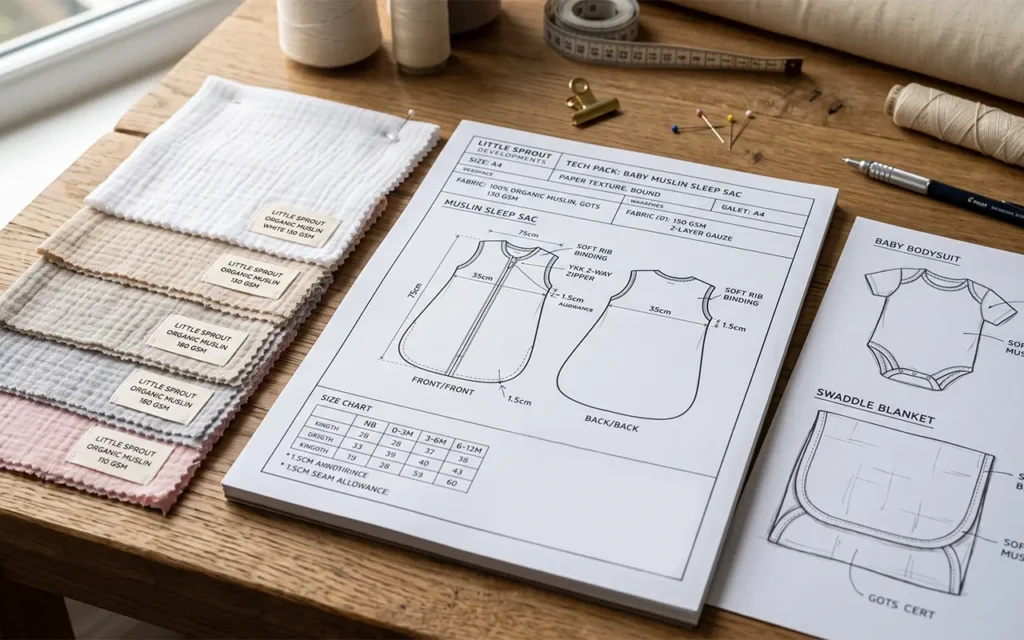 Baby product technical specification sheet display including detailed dimensions, fabric information, product design drawings. Standard documentation ensures production accuracy. We provide OEM customization supporting technical specification development, engineering design, quality standards comprehensive customization services.