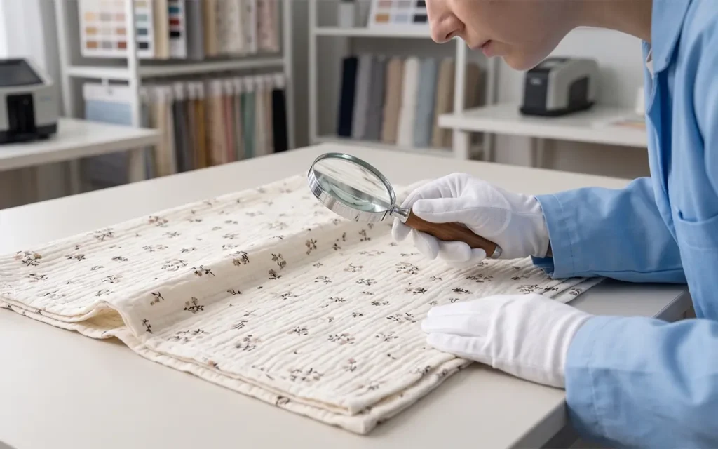 Quality inspector using magnifying glass checking customized product quality and print details. Fine inspection ensures product perfection. We provide OEM customization supporting strict quality inspection, detail assessment, quality assurance comprehensive services.