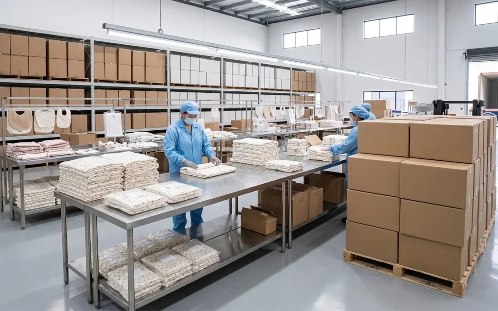 Factory production line workers organizing and packing finished products with neatly stacked items. Scale production ensures stable delivery. We provide OEM customization supporting large-scale production, packaging design, logistics distribution comprehensive services.