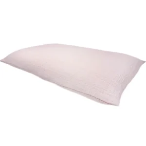 Muslin cotton pillowcase side view showcases plump full 3D shape with soft blush pink pure cotton fabric displaying elegant luster. Lightweight breathable gauze weave ensures baby comfortable sleep throughout the night. We provide professional OEM customization supporting multiple color selection, custom sizing, and technique improvement comprehensive customization services.