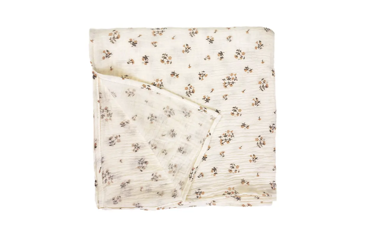 Neatly folded Classic Botanical muslin cotton blanket reveals complete size, premium fabric quality, and balanced botanical floral print distribution. Versatile multi-use design. OEM/ODM wholesale solutions from professional Chinese B2B textile factory.