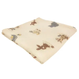 Charming 100% muslin cotton blanket featuring adorable Forest Friends animal characters including rabbits and elephants. Soft, breathable fabric with neutral earth tones. OEM/ODM customization from professional Chinese B2B baby textile factory.