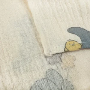 Close-up detail of Forest Friends animal characters showcasing charming elephant and bunny designs with superior muslin weave quality. Precise print clarity demonstrates expert craftsmanship. Professional OEM/ODM services from Chinese B2B textile factory.