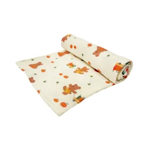 Twin-rolled Harvest Joy muslin cotton blanket showcases generous size and remarkable versatility. Premium 100% muslin with charming bear and pumpkin autumn print. Lightweight, durable, perfect for multiple uses. OEM/ODM wholesale from Chinese textile factory.