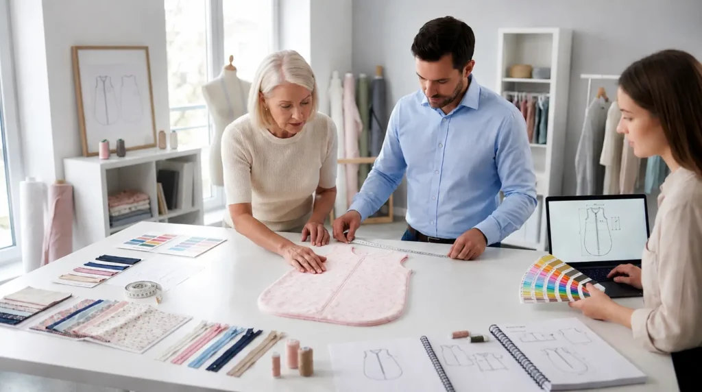 Design collaboration between brand teams and manufacturing partners at Inorange Baby's consultation studio. This partnership approach ensures custom solutions, perfect color matching, and comprehensive customization aligned with brand vision and market requirements.