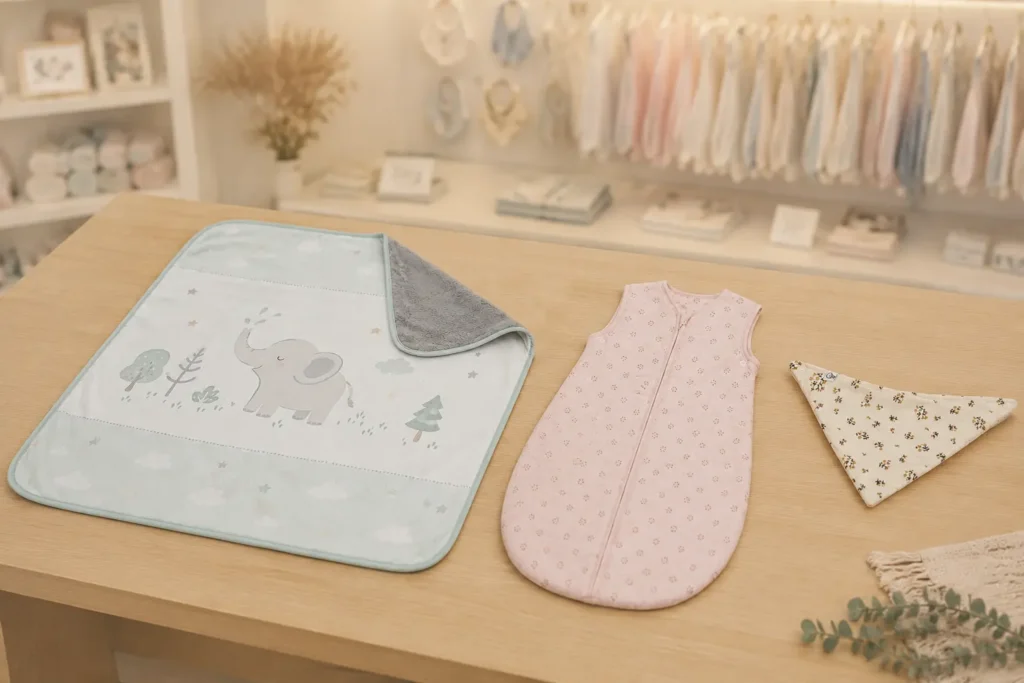 Diverse baby textile designs displayed at the design studio showcase the collection range. From sleep sacks to blankets with charming patterns, each piece reflects careful design consideration and quality craftsmanship tailored for modern nurseries.